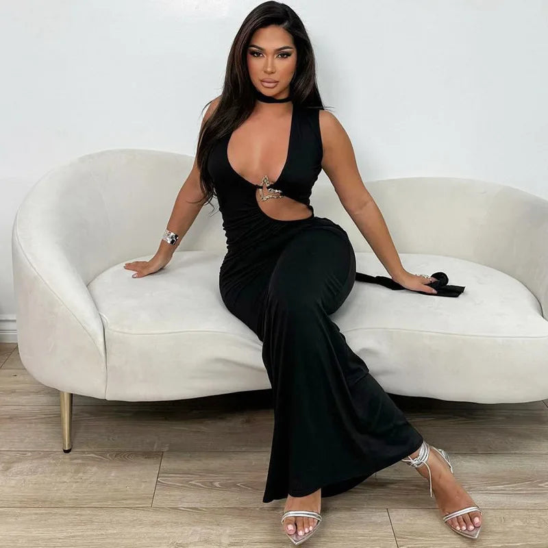 Women's Embellished Plunge Halter V Neck Maxi Outfit Club Party Cut Out Bodycon Dress