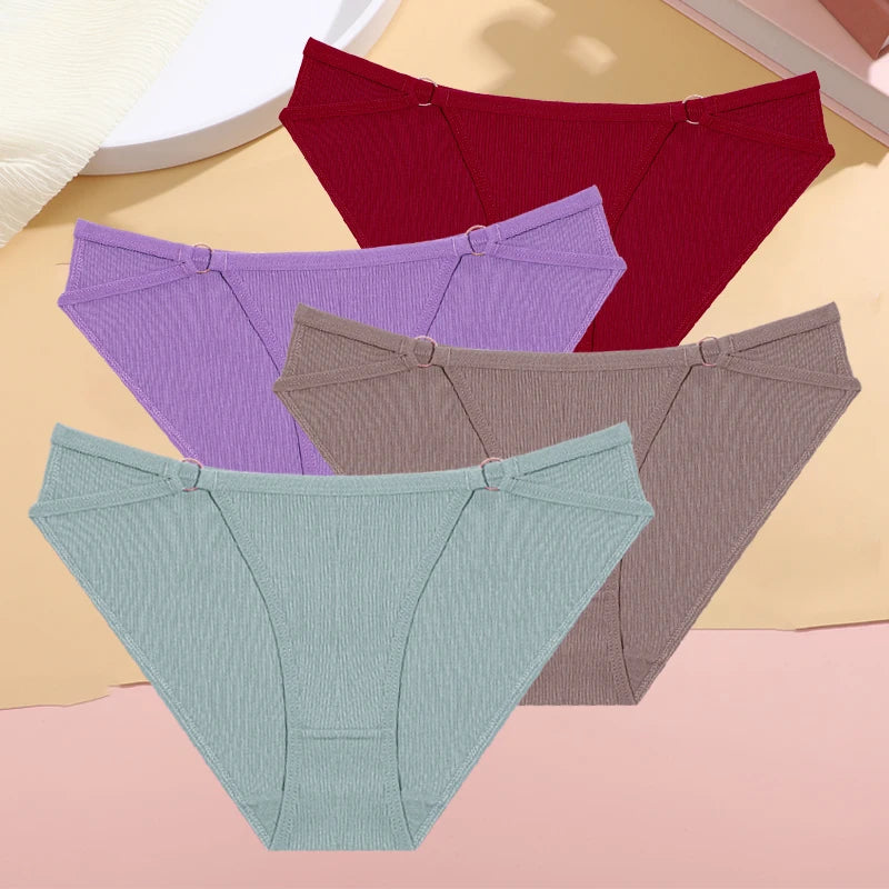 Women's 4Pcs/Set Cotton Double Belts Underwear Metal Ring Panties Low Waist Striped Briefs Breathable Lingerie