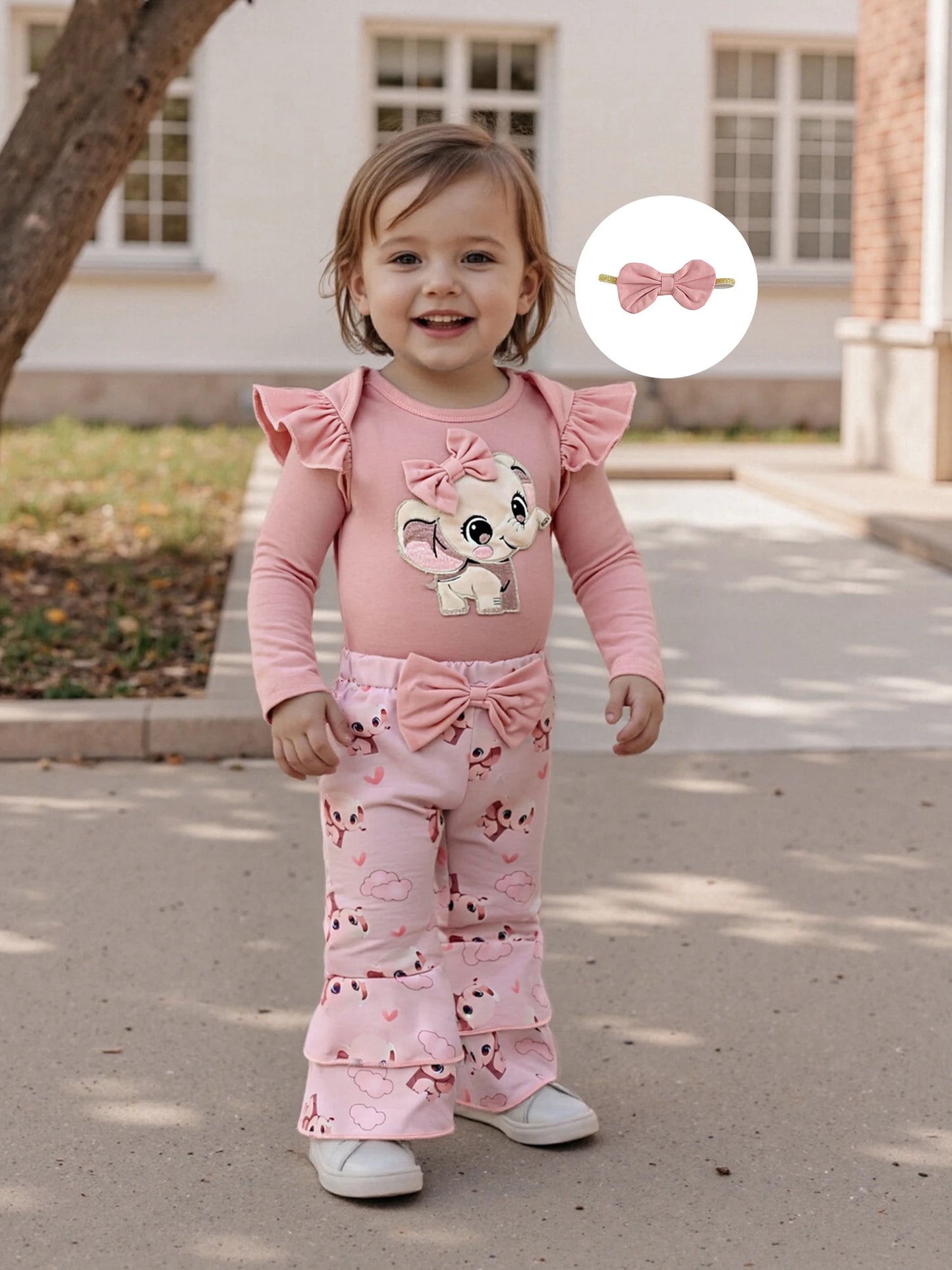 Baby Girls Fall Winter Clothes Set - Long Sleeve Bow Animal Embroidery Jumpsuit, Headband & Flared Pants