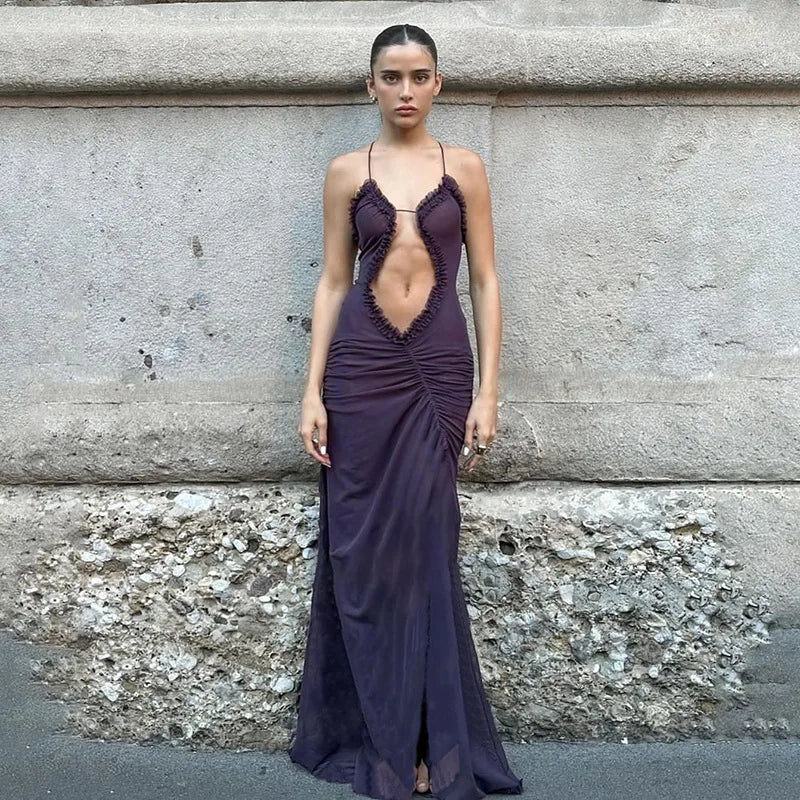Women's Asymmetric Ruched Cut Out Sleeveless Maxi Party Slip Dress