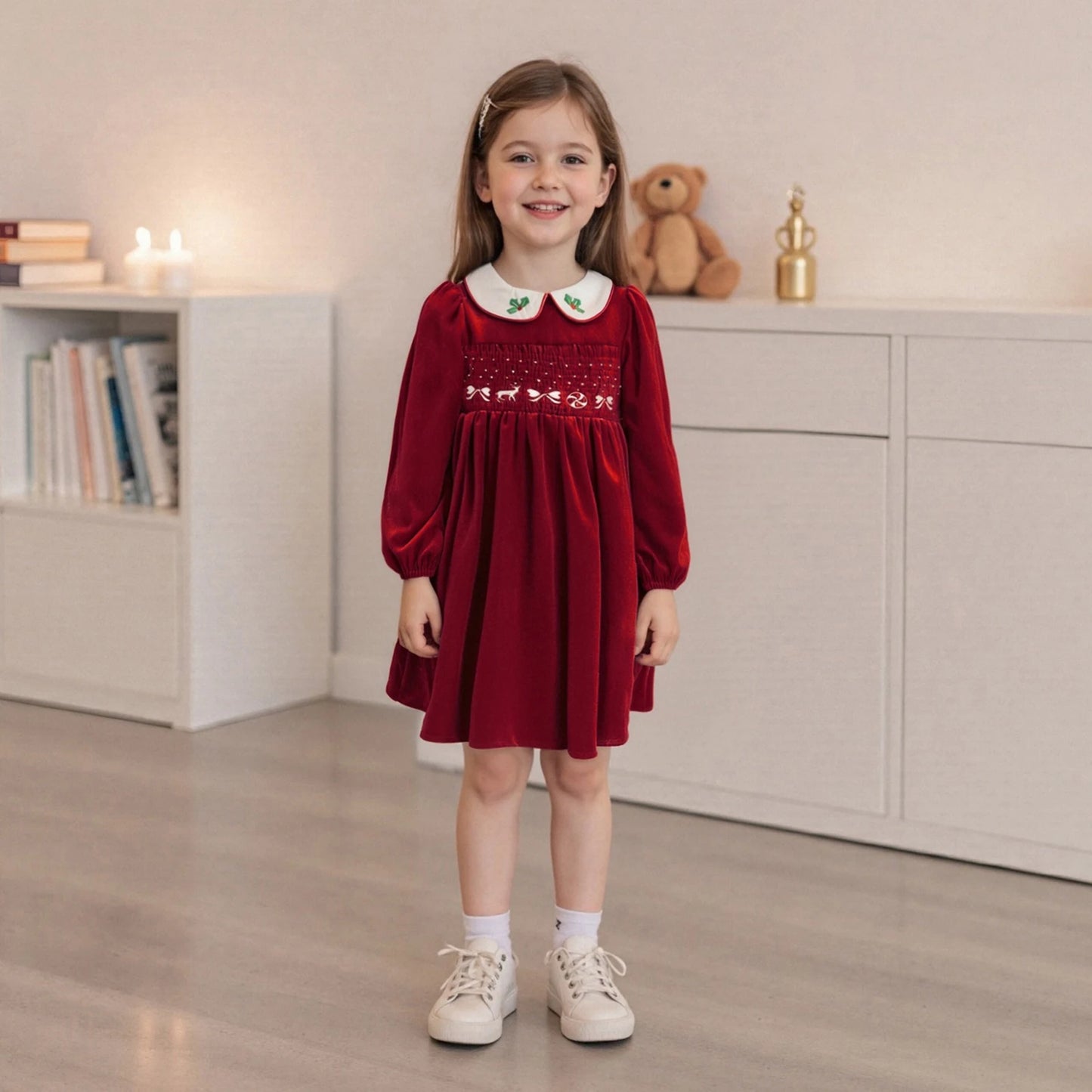 Little Girl's Velvet Christmas Dress - Deer Bow Holly Embroidered Smocked A-Line