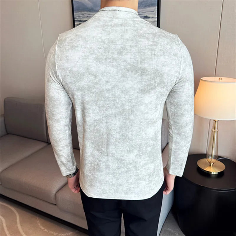 Men's Spring Autumn Tie-Dye 95% Cotton Long Sleeve Slim Fit Casual Elastic T-Shirt