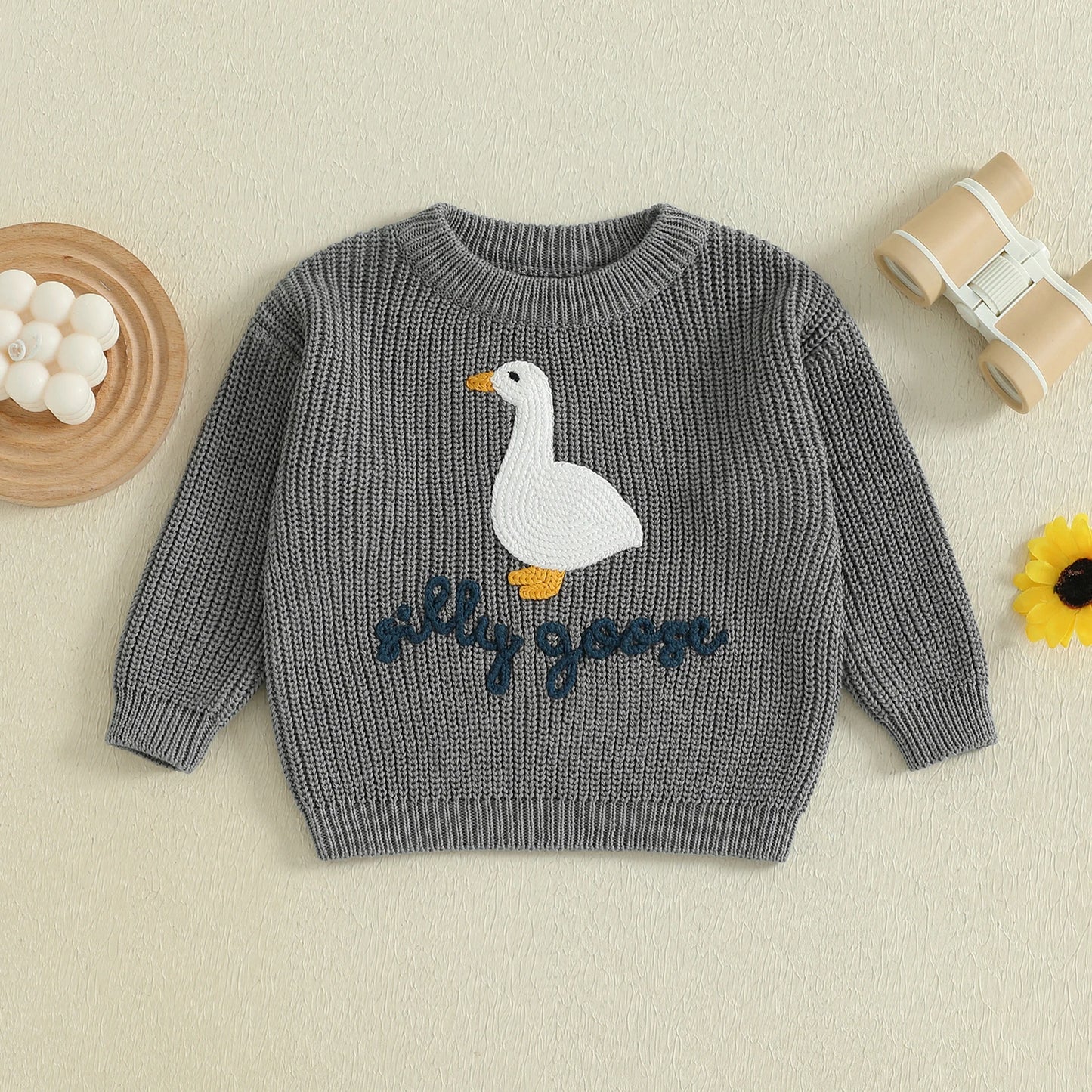 Toddler Baby Goose Sweater - Animal Letter Embroidered Crewneck Chunky Knit