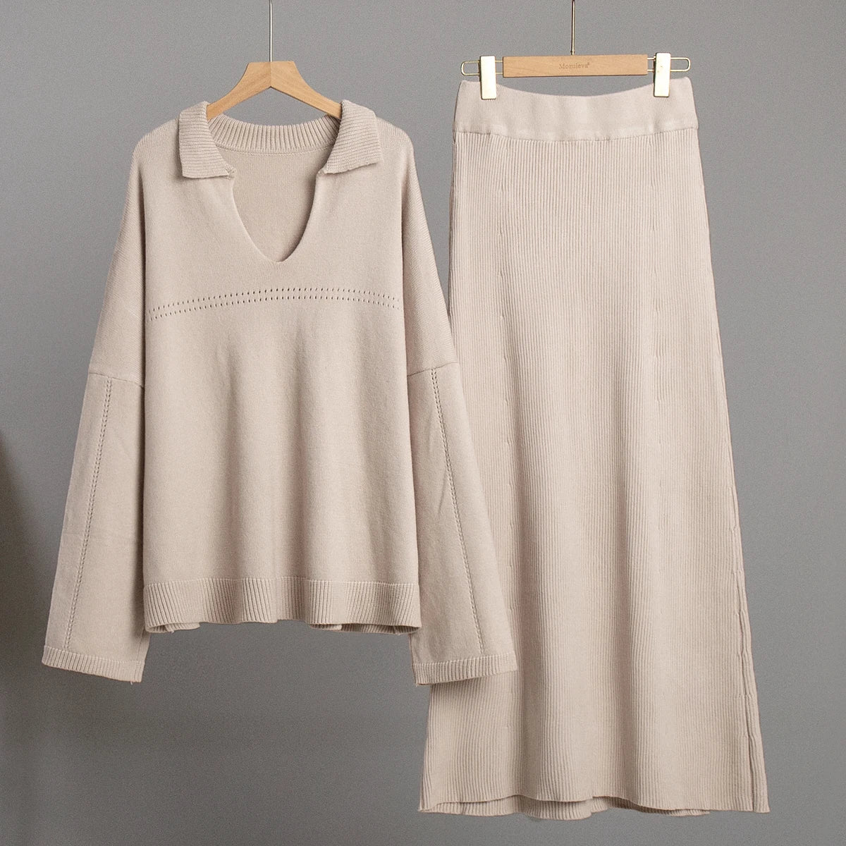 Women's Loose Sweater V-Neck Knit Pullover Top and Long High Waist Skirt 2 Piece Set