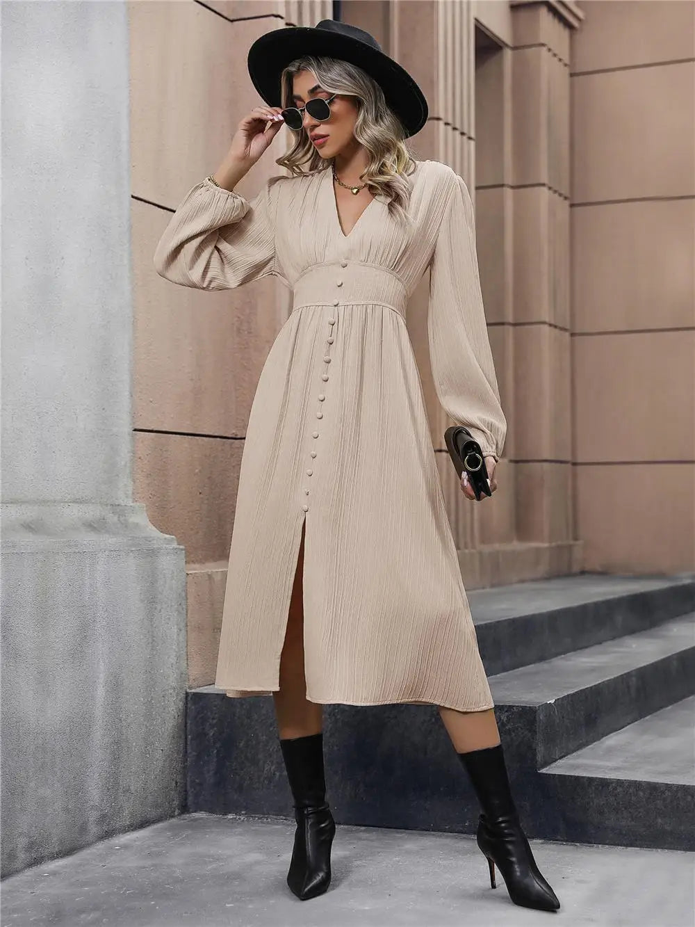 Women's Autumn Winter Long Sleeve Elegant V-neck Chiffon A-Line Knee Length High Waist Dress