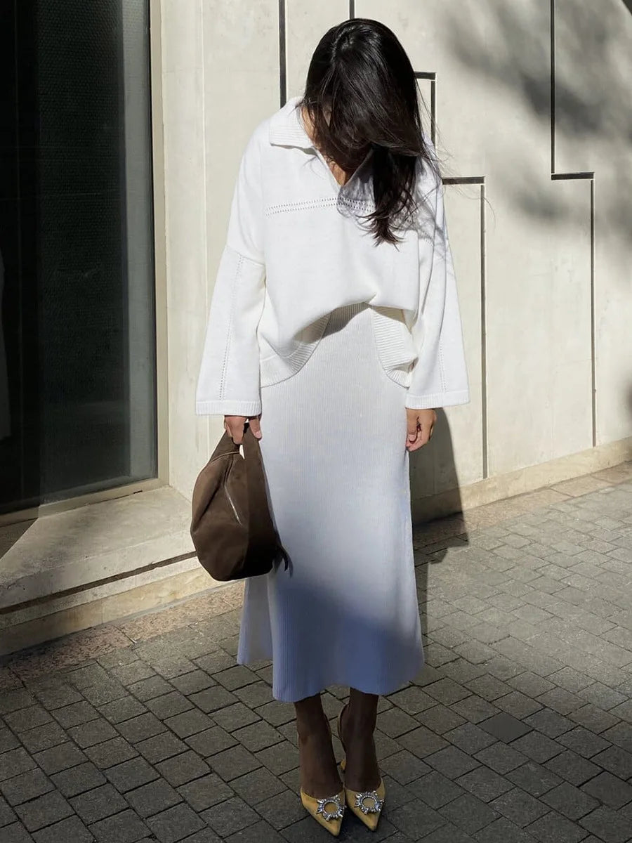 Women's Loose Sweater V-Neck Knit Pullover Top and Long High Waist Skirt 2 Piece Set