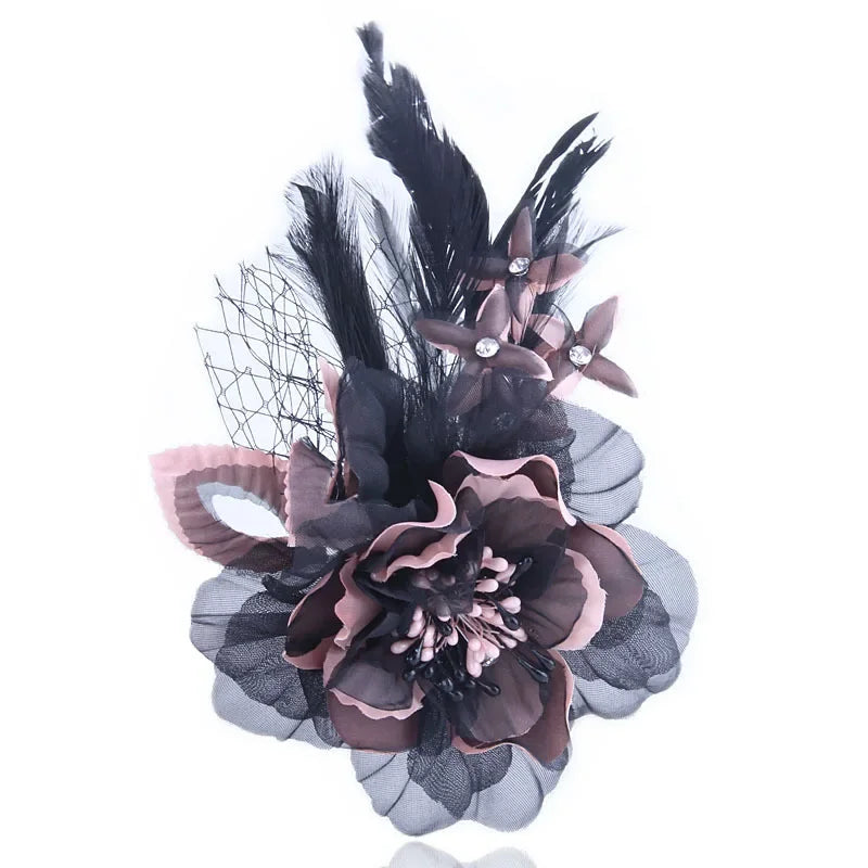 Fabric Flower Brooch with Feather - Elegant Cloth Art Corsage Lapel Pin