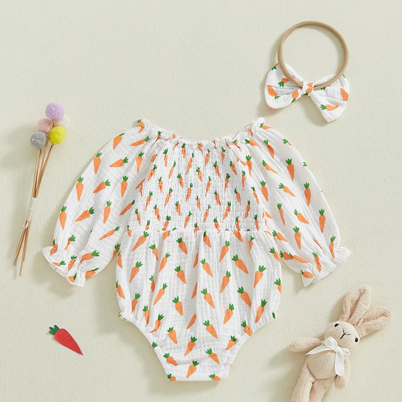 Baby Girls Easter Romper Set - Carrot Print Long Sleeve Jumpsuit with Bow Headband