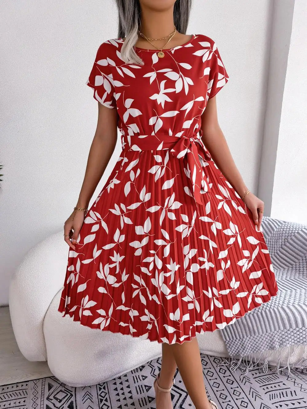 Women's Floral Pleated A Line Long Spring Summer Short Sleeve High Waist Chic Dress