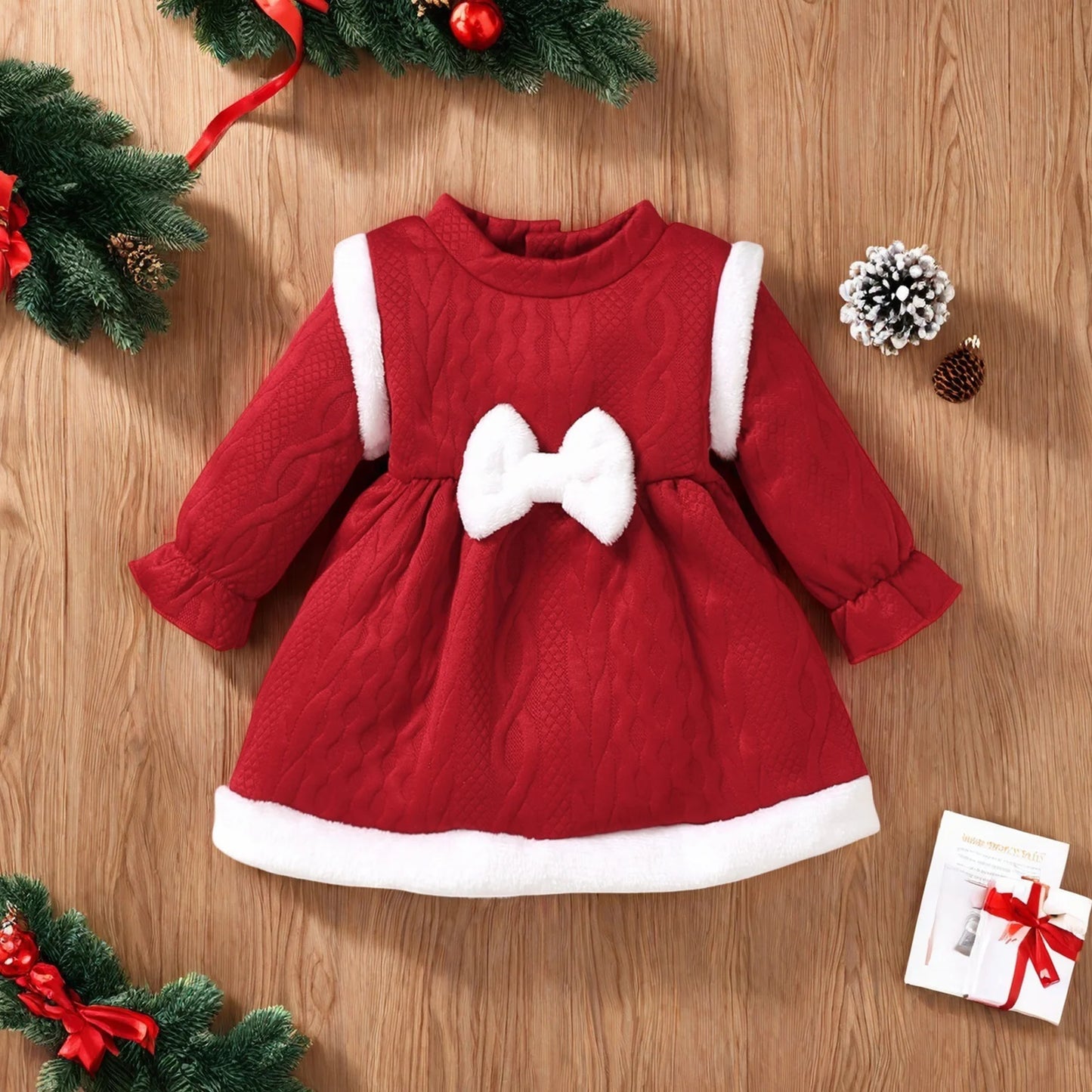 Baby Girls Christmas Dress - Long Sleeve Bow Patchwork Winter Party Dress