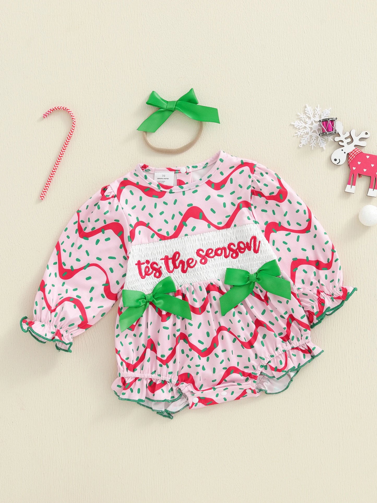 Baby Girls Christmas Romper Set - Letter Embroidery with Bow Headband