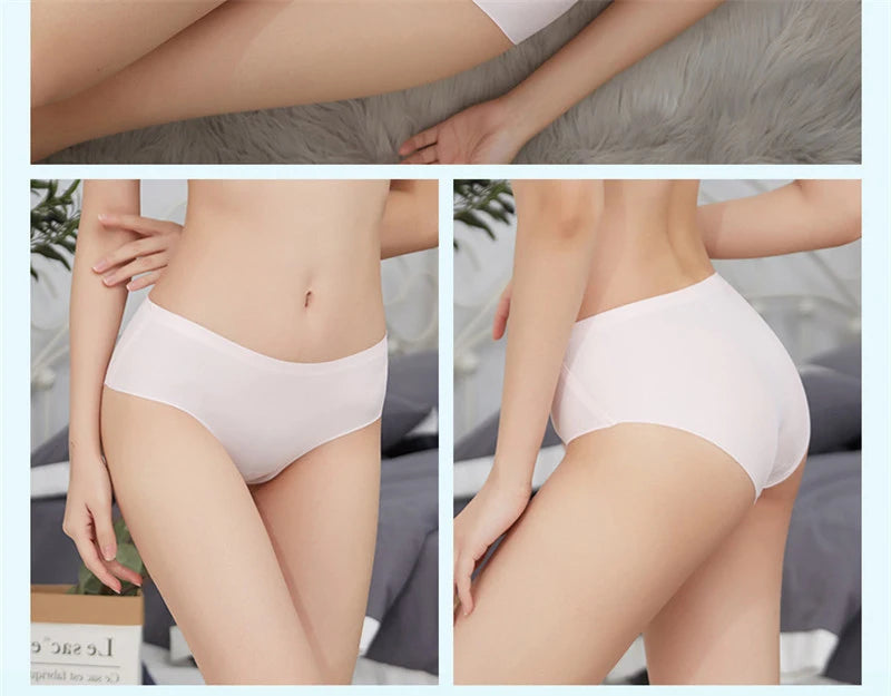 Women's 3Pcs Seamless Ice Silk Underwear Invisible Comfort Briefs Mid-waist Panties Breathable Lingerie