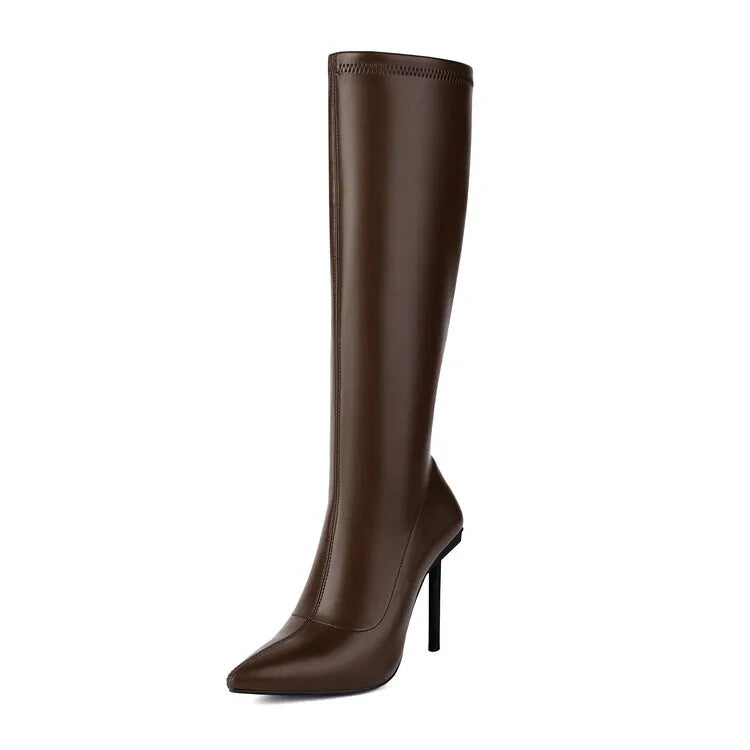 Women's Text Art High Heel Boots Elastic Leather Side Zipper Pointed Knee Boots 8cm/10cm Thin Heel Shoes