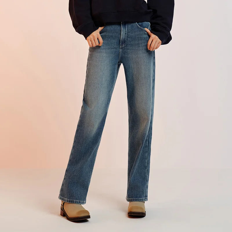 Women's Wide Leg Brushed Denim Jeans - Loose Fit Winter Warm Long Pants