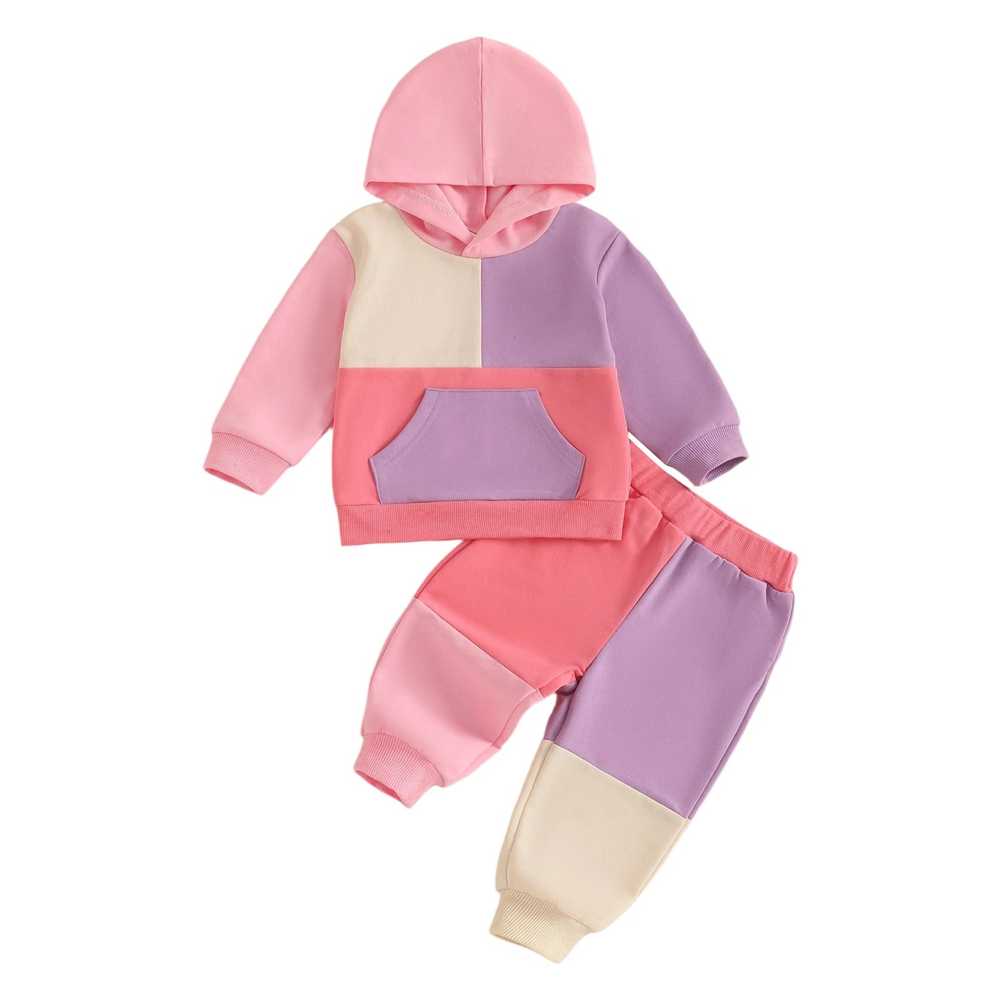 Kids Patchwork Hoodie and Pants Set - Casual Long Sleeve 2-Piece Outfit for Autumn Winter