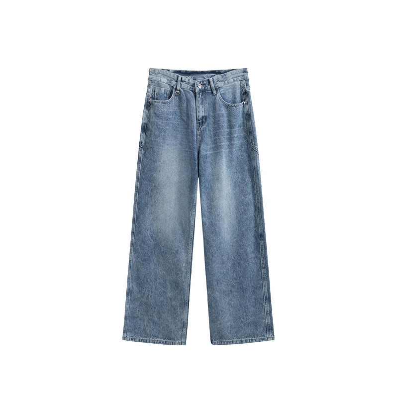 Unisex Retro Washed Jeans Stretch Straight Leg Denim Trousers
