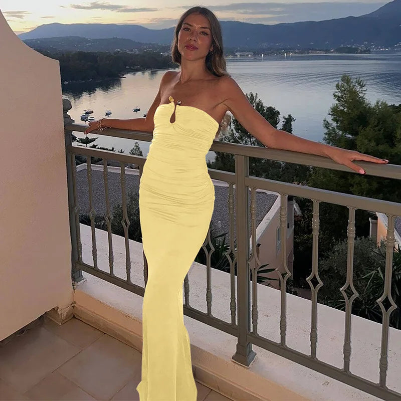 Women's U-neck Tube Top Pleated Bodycon Party Long Sleeveless Dress