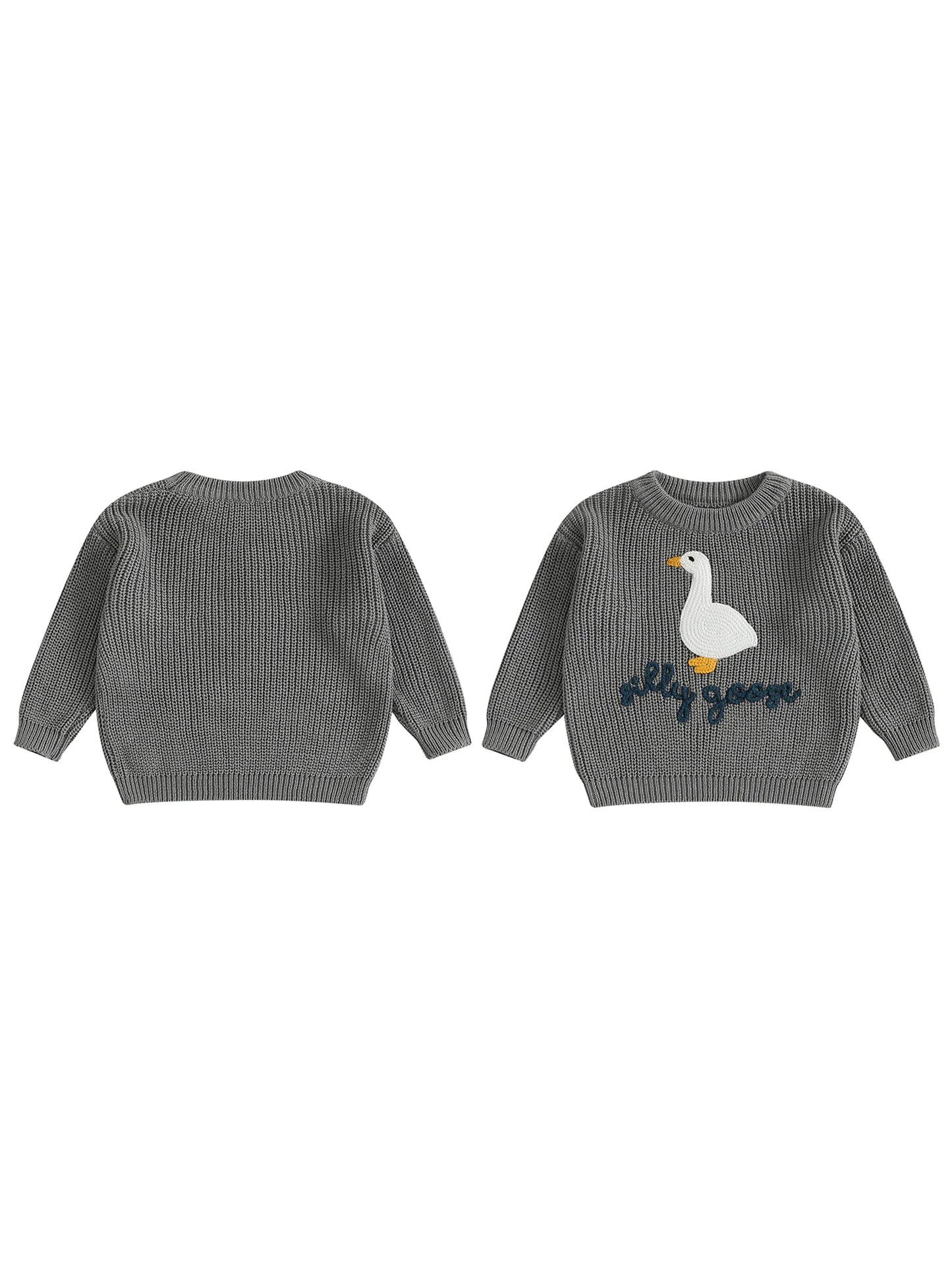 Toddler Baby Goose Sweater - Animal Letter Embroidered Crewneck Chunky Knit