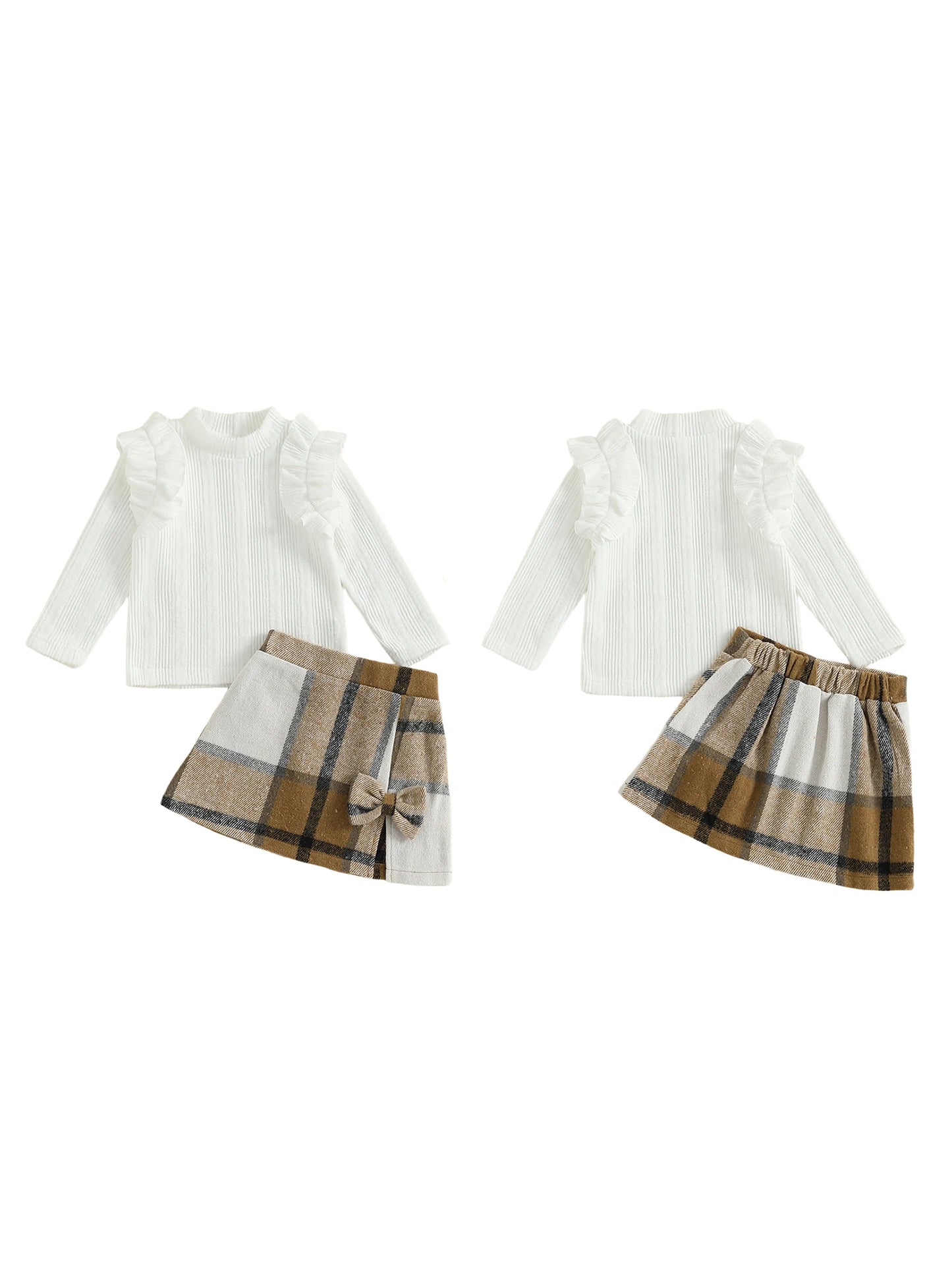 Girl's Skirt Set - Long Sleeve Crew Neck T-Shirt with Plaid Skirt