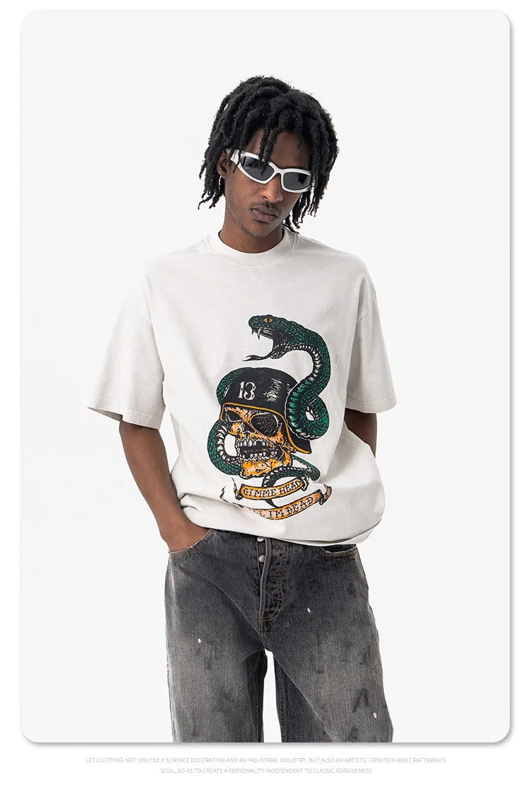 Men's Summer Washed cobra skull print short-sleeved T-shirt
