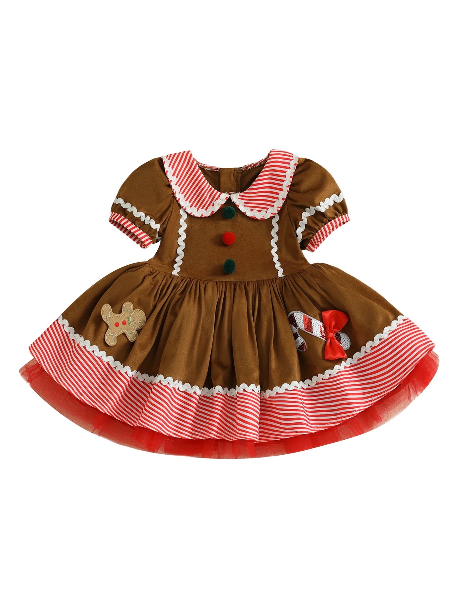 Toddler Girl's Christmas Dress - Gingerbread Man Print Doll Collar Bubble Sleeve