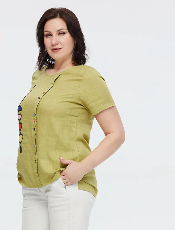 Women's Summer Cotton Linen Oversized Short Sleeve Sequins Button Top