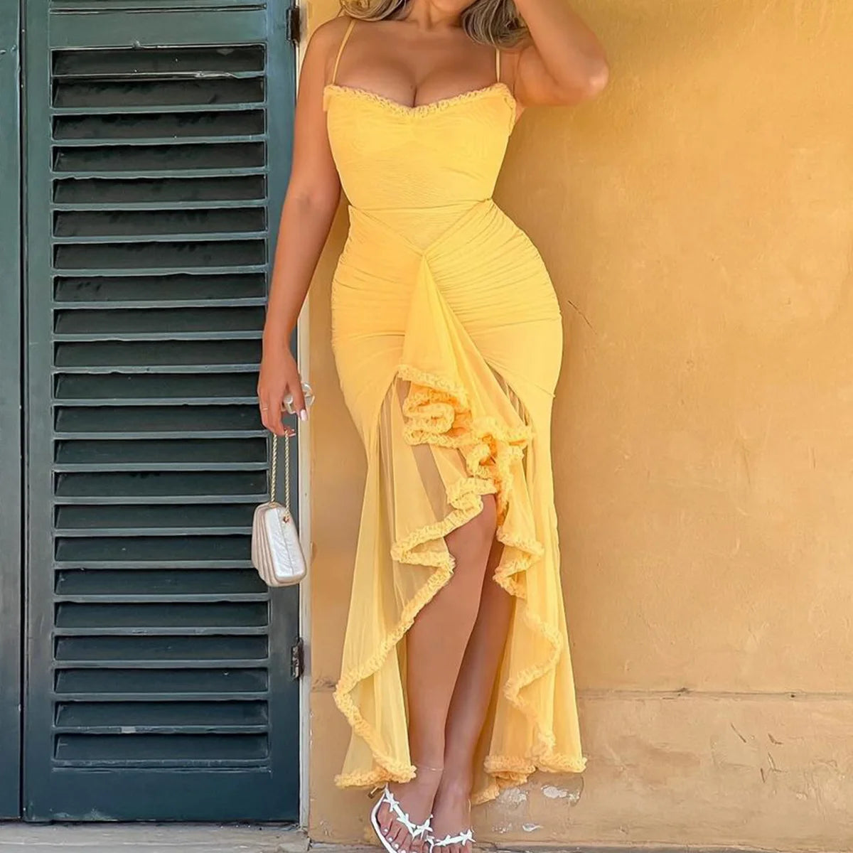 Women's Sheer Mesh Ruffled Front Gown Elegant Draped Prom Cocktail Maxi Dress Solid Fairy Ruched Slip Dress