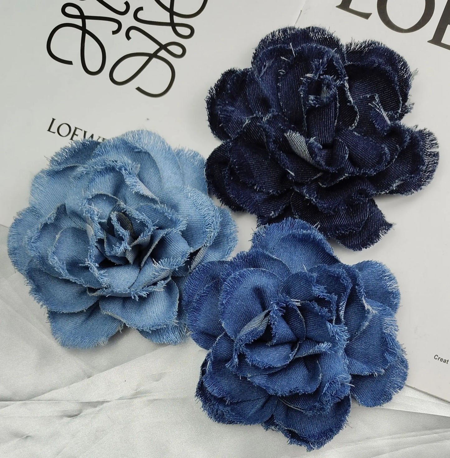 Handmade Denim Rose Flower Brooch - 15cm Fashion Corsage Lapel Pin