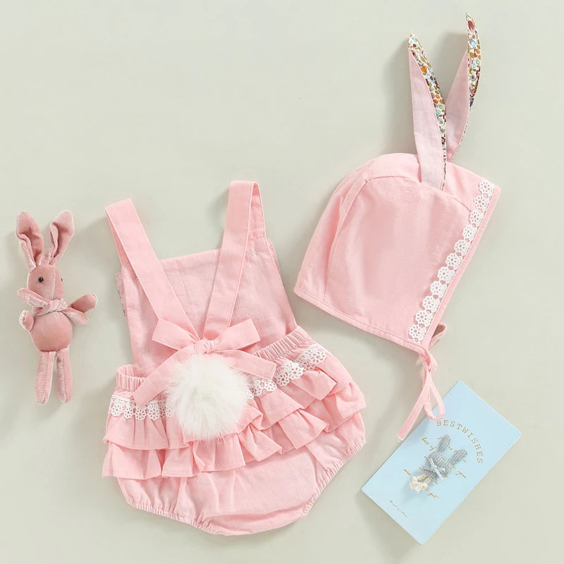 Easter Days Baby Girls Boys Romper 2pcs Cartoon Rabbit Floral Printed Sleeveless Bunny Ear Jumpsuit