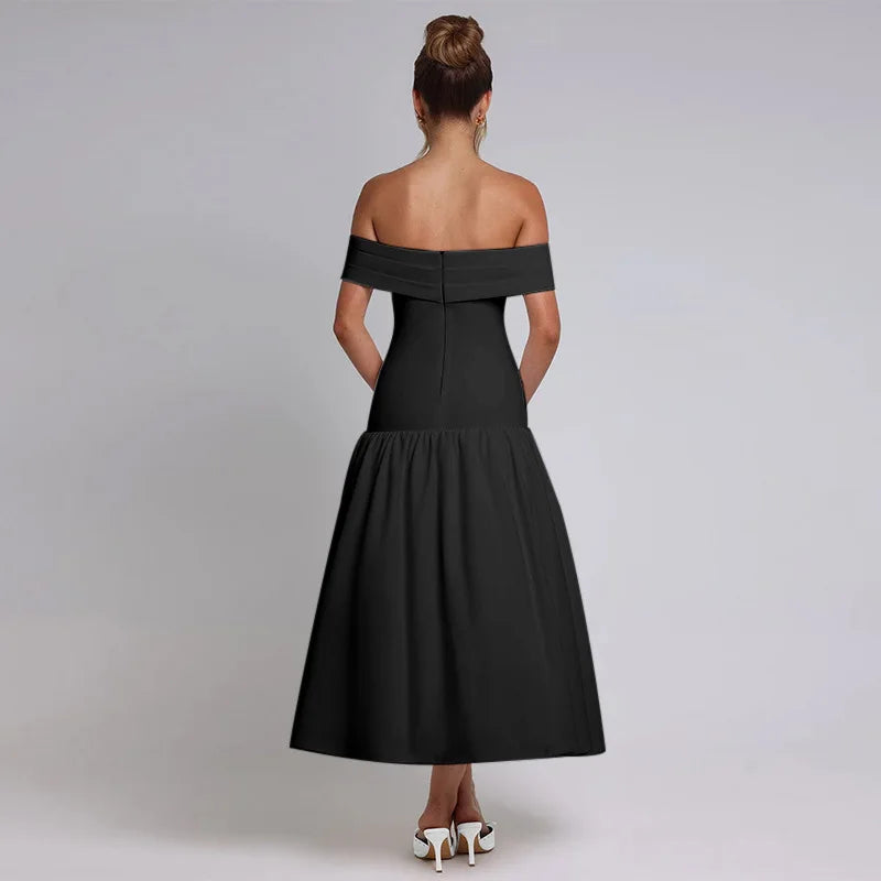Women's Ruched One-Shoulder Party Long Sleeveless High Waist A-Line Dress