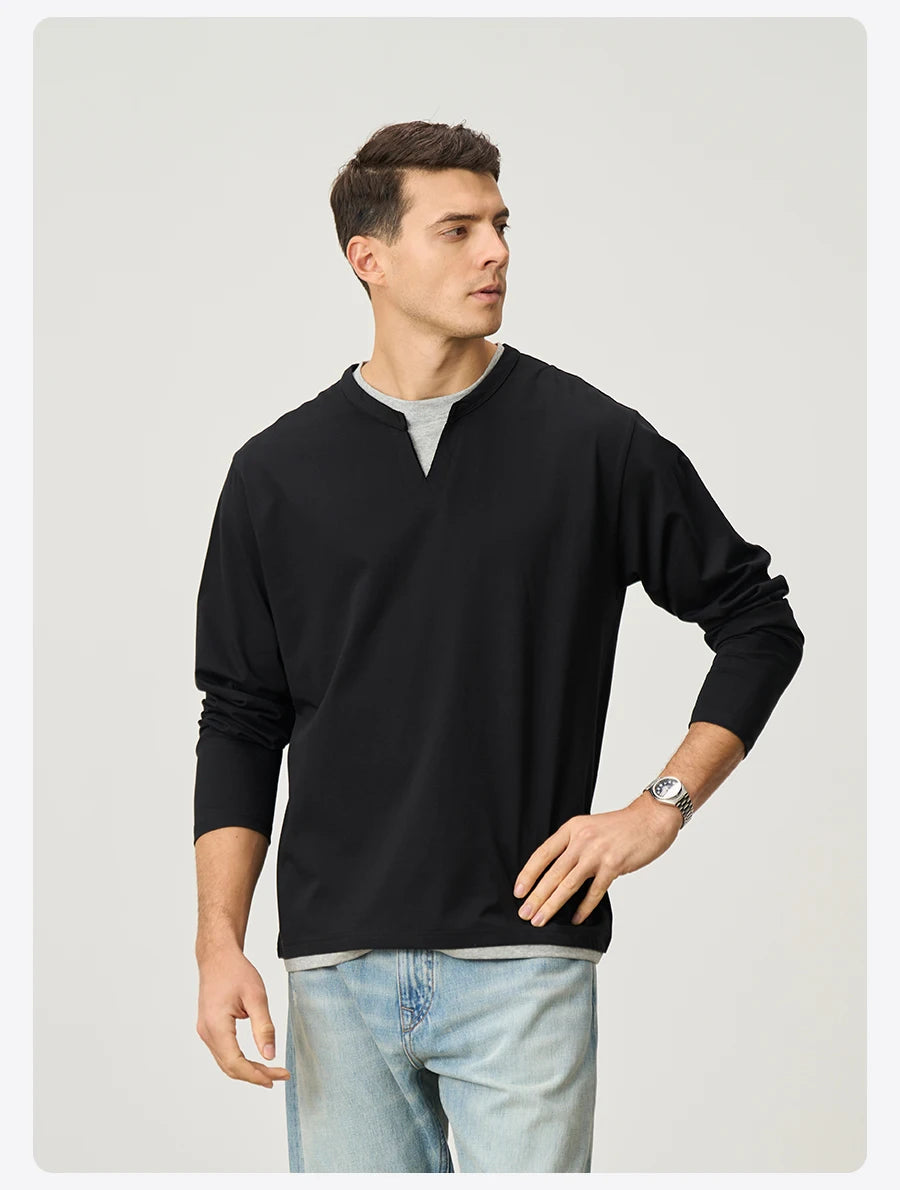 Men's Spring Long Sleeve Fake Double Layer 210gsm Sorona Fabric T-Shirt