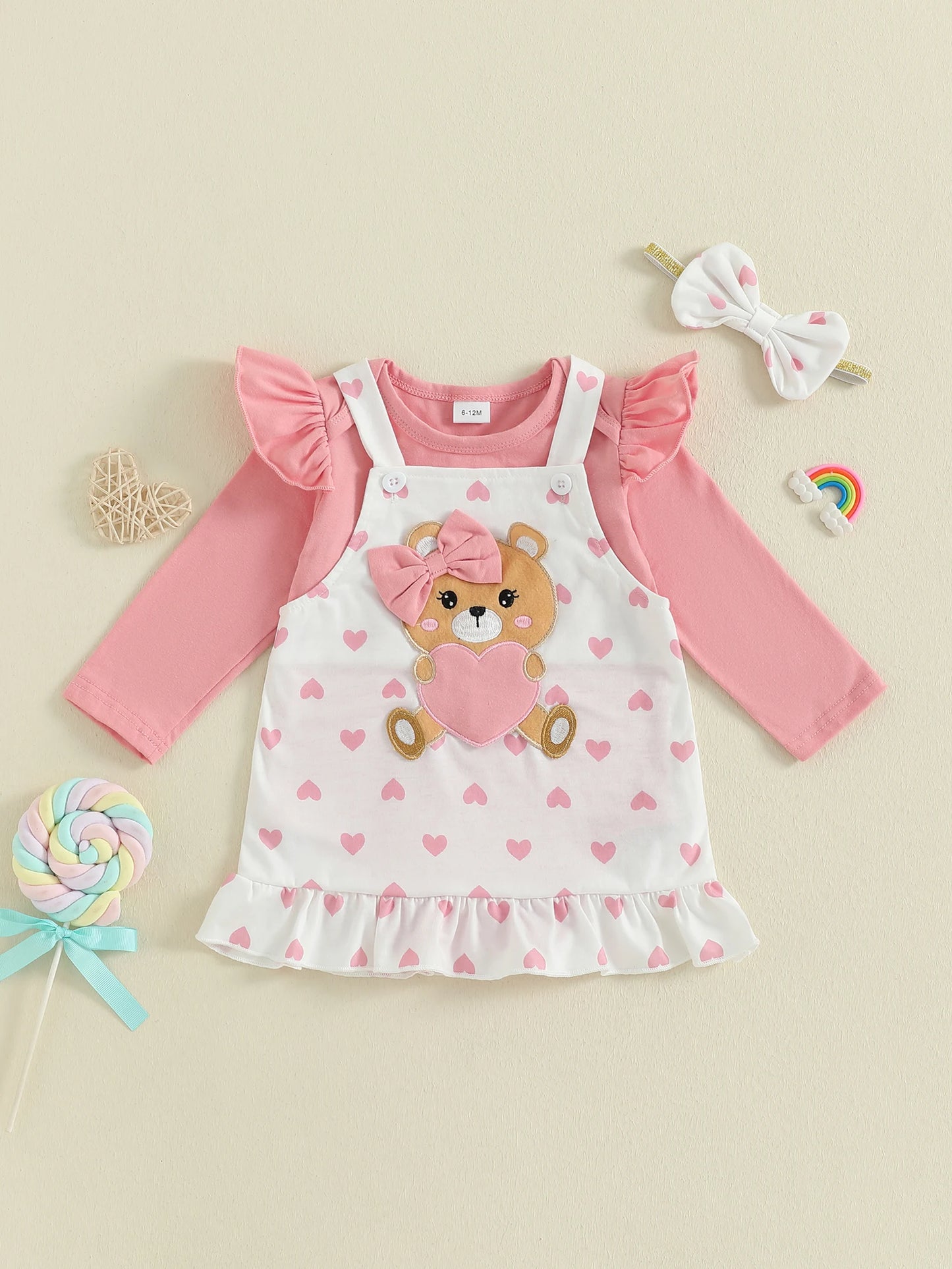 Baby Girls Bear Embroidered Dress Set with Bow Headband (0-18M)