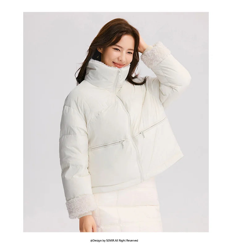 Down Jacket Women Loose Solid Color Winter Patchwork Imitation Lamb Wool Stand-Up Collar Textured