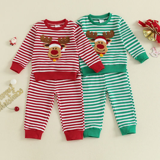 Infant Baby Boys Christmas Clothes Set - Long Sleeve Deer Embroidery Striped Sweatshirt & Pants
