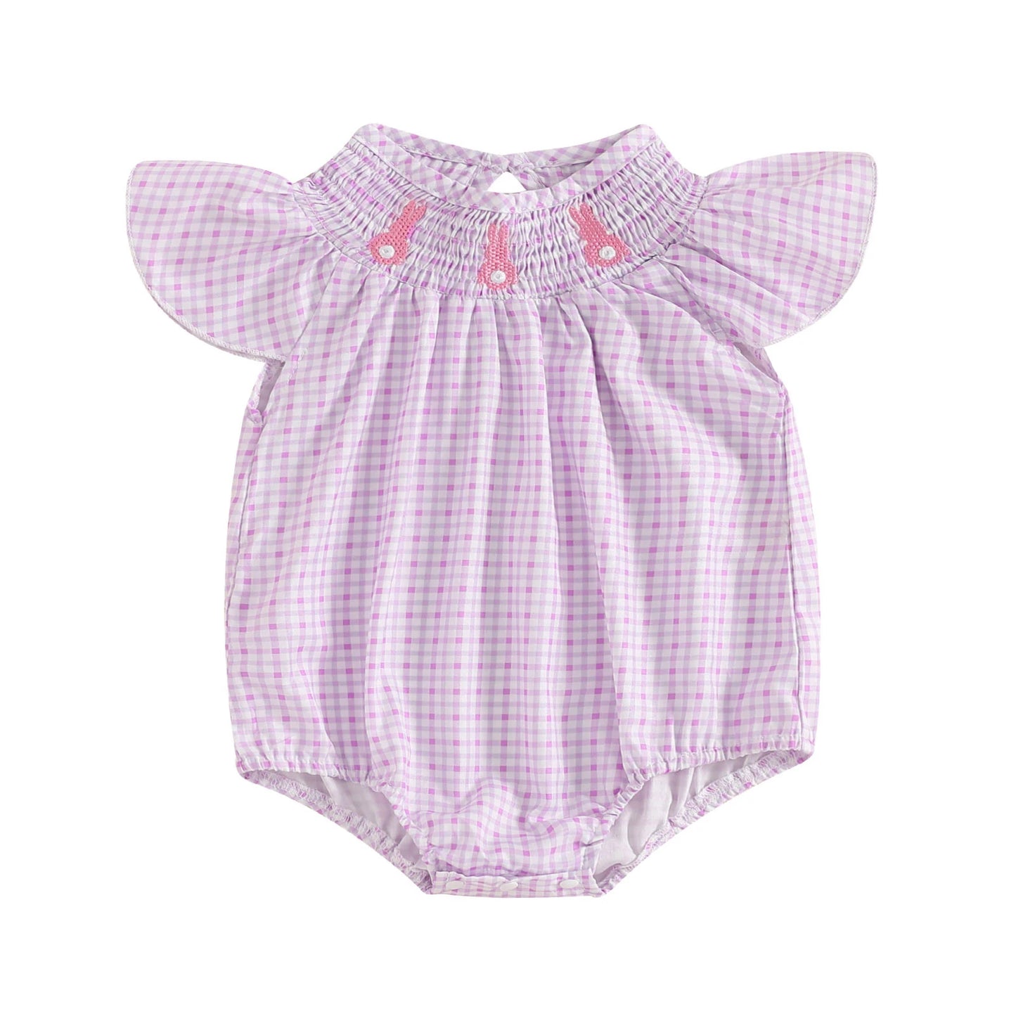 Baby Girls Easter Romper - Rabbit Embroidery Plaid Smocked Jumpsuit