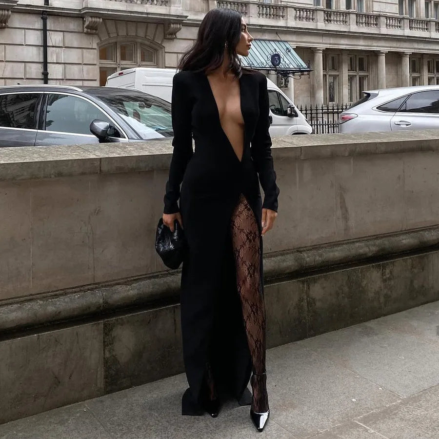 Women's Draped Deep V Neck High Rise Split Maxi Dress - Long Sleeve Dress Gown Outfit