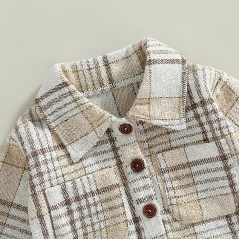 0-24M Infant Baby Boys Gentlemen Romper - Long Sleeve Turn Down Collar Plaid Printed Jumpsuit