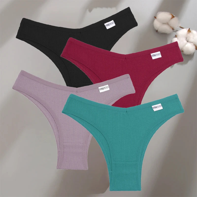 Women's 4Pcs Cotton Breathable Underwear Panties Low-Waist Waffle G-string Stretch Briefs Soft Lingerie