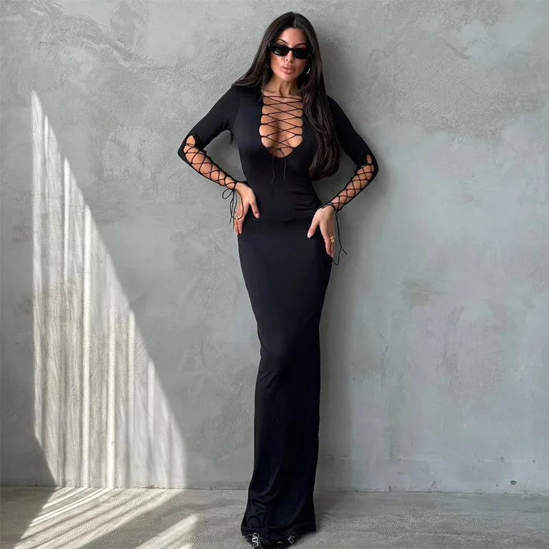 Women's Lace Up Bandage Maxi V Neck Long Sleeve Dress
