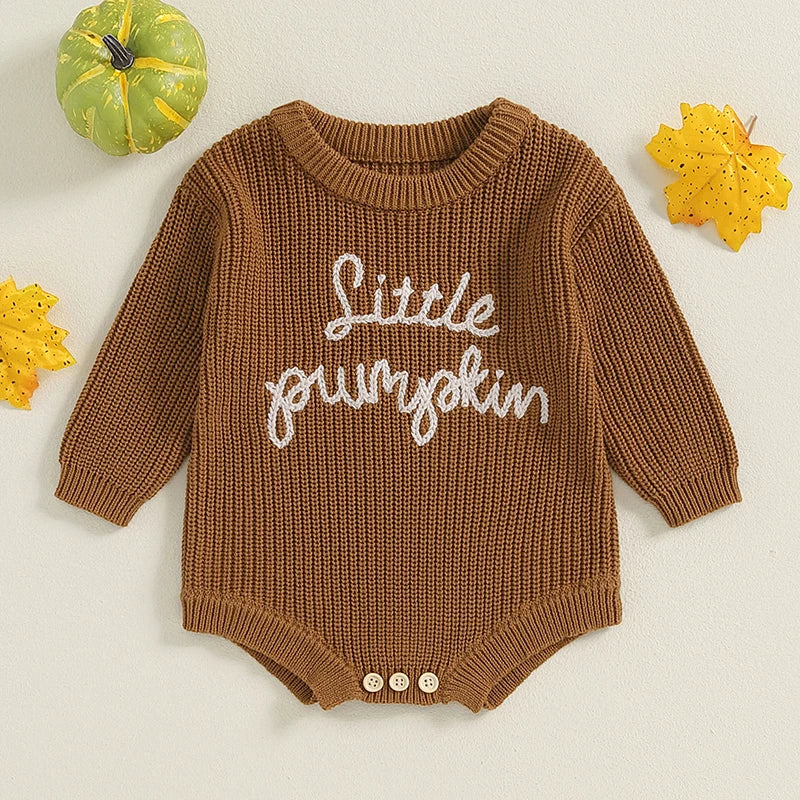 Baby Pumpkin Knit Romper - Long Sleeve Halloween Jumpsuit (0-18M)
