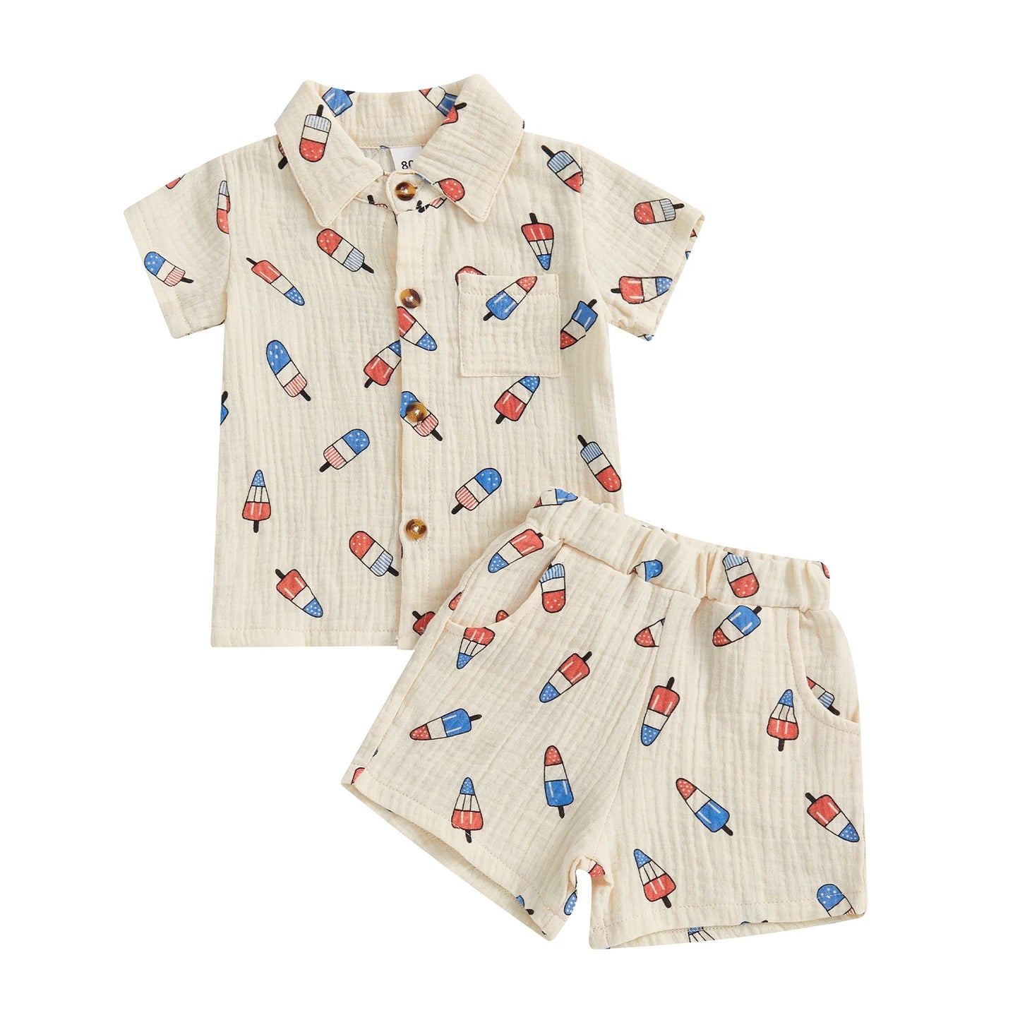 0-4Y Kids Boys American Flag Colours Print Clothes Sets Ice Cream Print Lapel Button Down Short Sleeve Shirt with Shorts