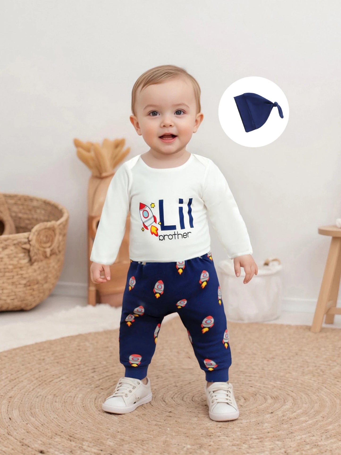 Baby Boys 3-Piece Cartoon Print Outfit Set with Hat (0-6M)