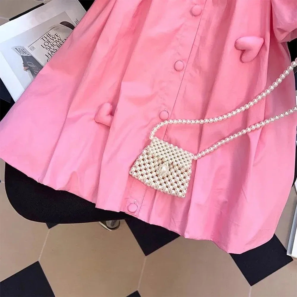 Girl's Summer Polo Collar 3D Love Decal Bubble Sleeve Princess Dress