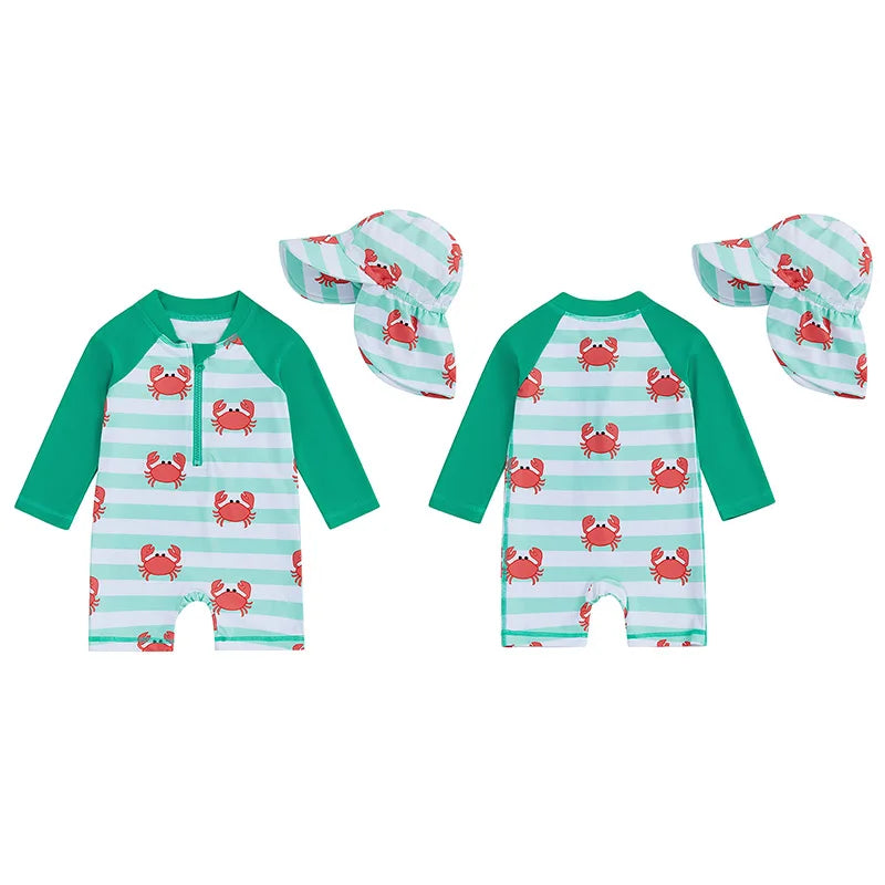 0-4Y Toddler Kids Boys Swimwear Summer Crab Stripe Print Zipper Rash Guard Swimsuit and Hat Beachwear