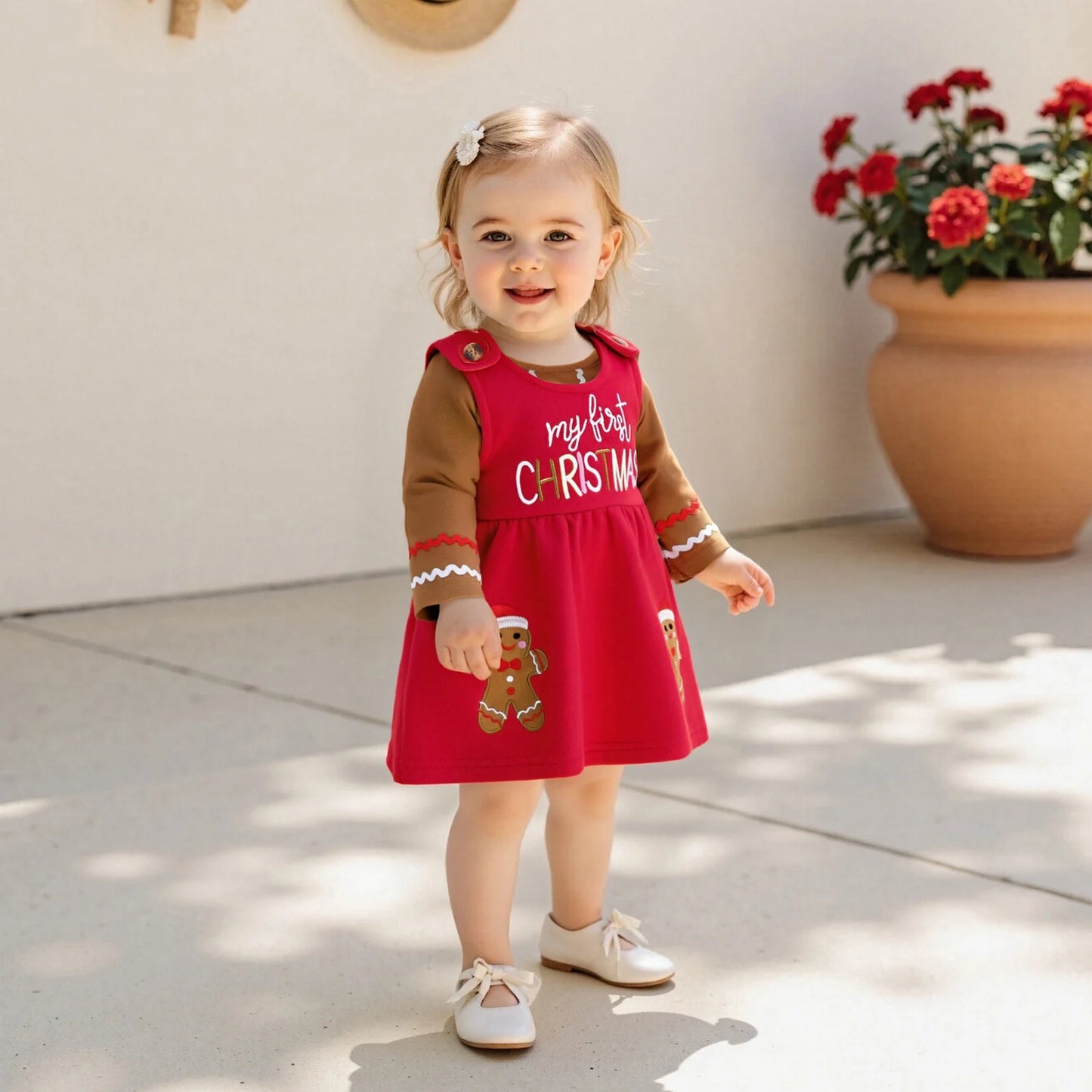 Baby Girls Christmas Clothes Set - Long Sleeve Romper & Gingerbread Man Embroidery Overalls Dress