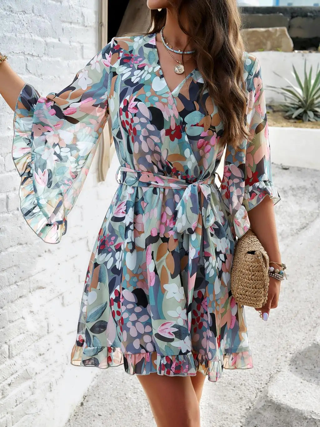 Women's Autumn Winter Half Sleeve Flower Print Elegant V-neck Casual A-Line Knee-Length High Waist Dress