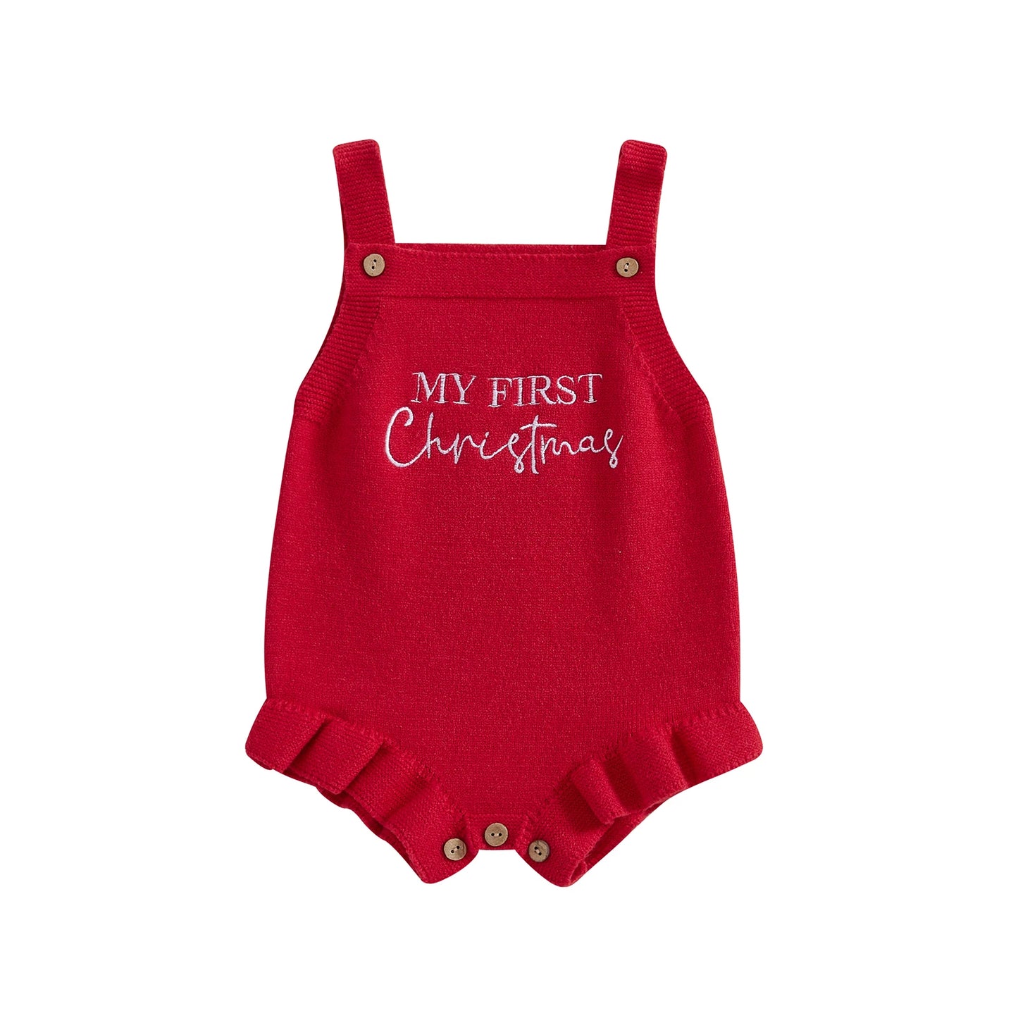 Baby Girl's Knit Romper - Sleeveless Square Neck Letter Embroidery Ruffle