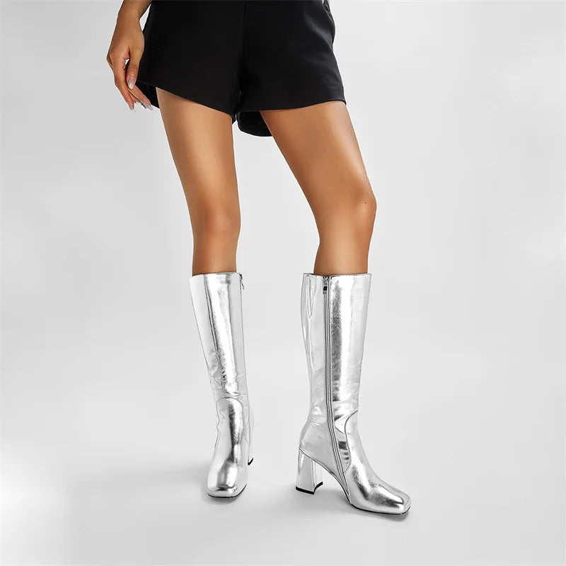 Women's Patent Leather 7cm Thick Heel Knee Side Zipper Boots