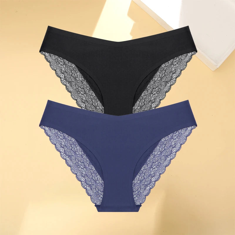 Women's 2Pcs Seamless Stretch Underwear Lace Floral Panties Recycled Materials Breathable Briefs Low Waist Comfort Lingerie