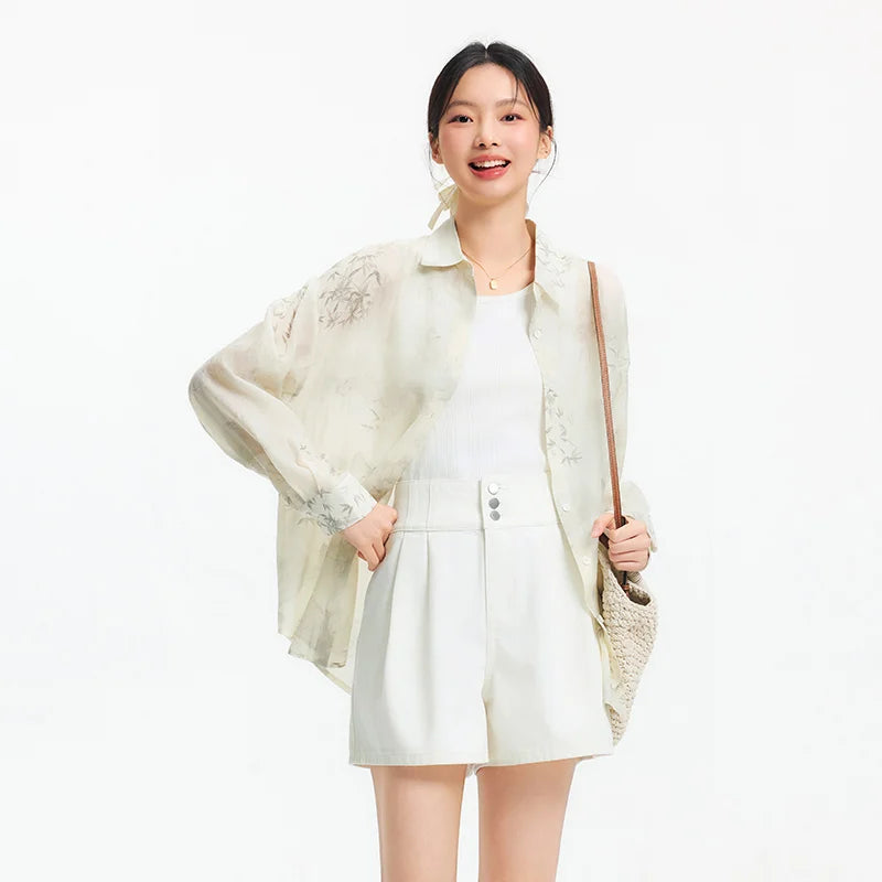 Women's Long Sleeve Oversized Shirt - Mid-Length Relaxed Fit with Artistic Ink Print